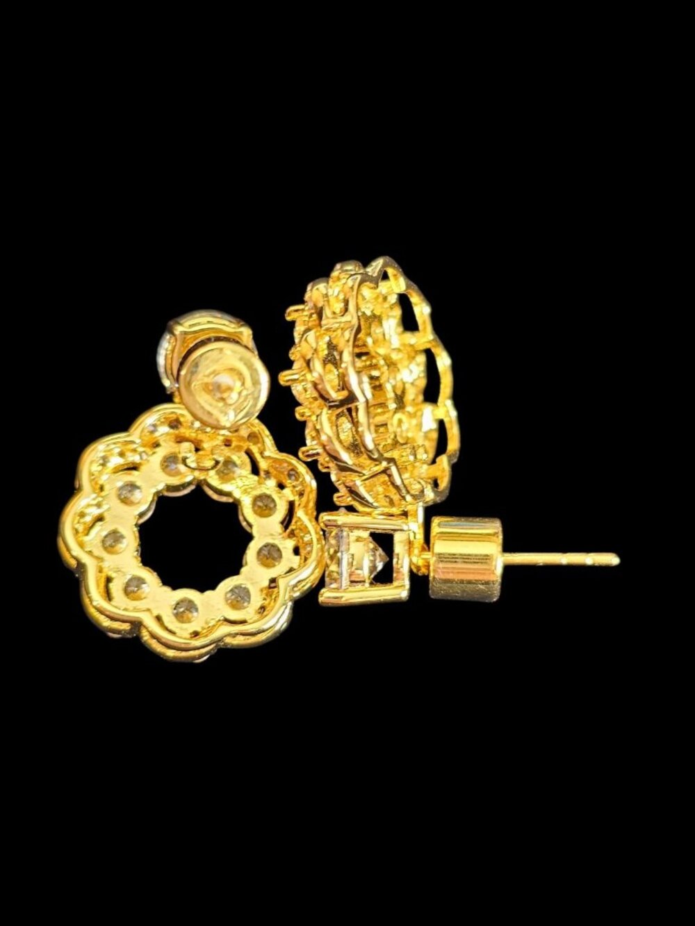 Gold Tone CZ Circle Drop Earrings Round Halo Dangle Statement Sparkle Prom - Picture 3 of 7